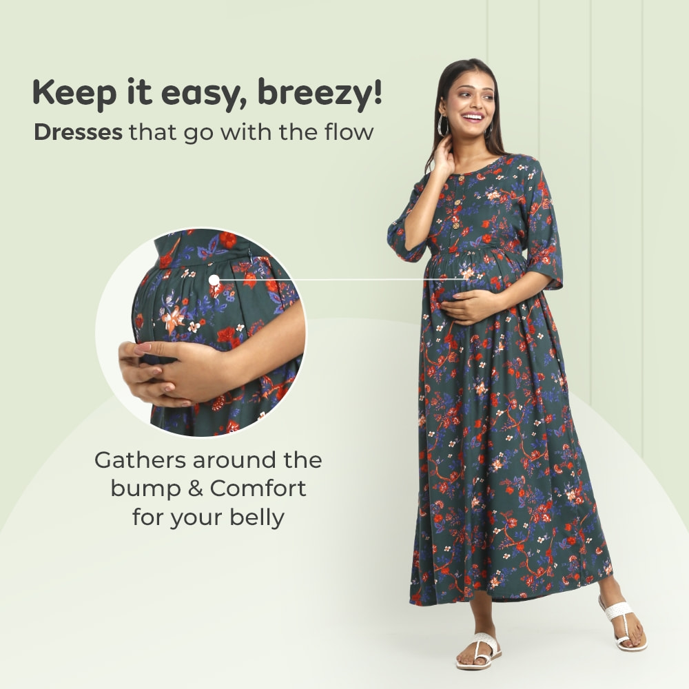 Pre & Post Maternity /Nursing Maxi Dress with both sides Zipper for Easy Feeding – Garden Flowers -Teal –M