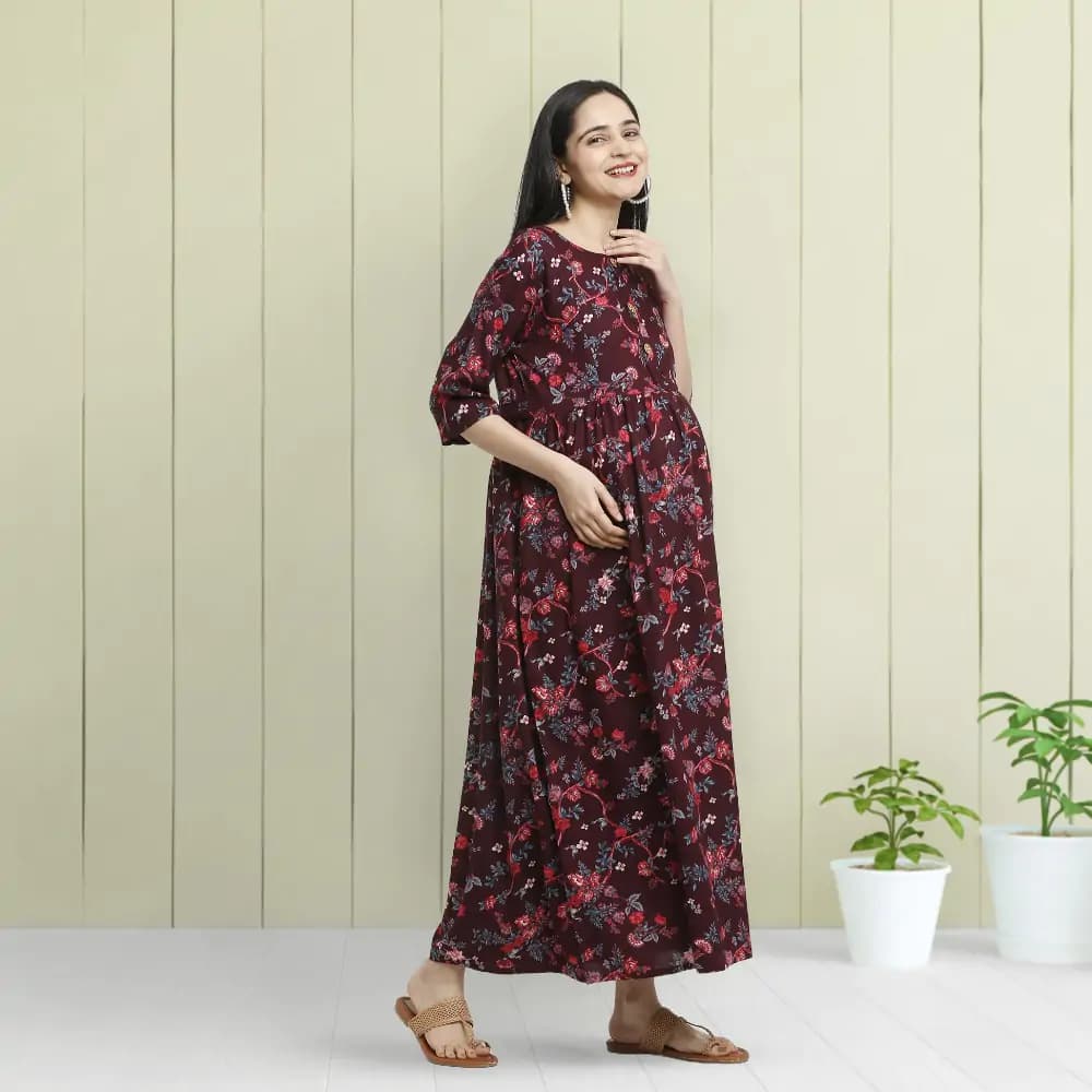 Pre & Post Maternity /Nursing Maxi Dress with both sides Zipper for Easy Feeding – Garden Flowers -Wine –XXL