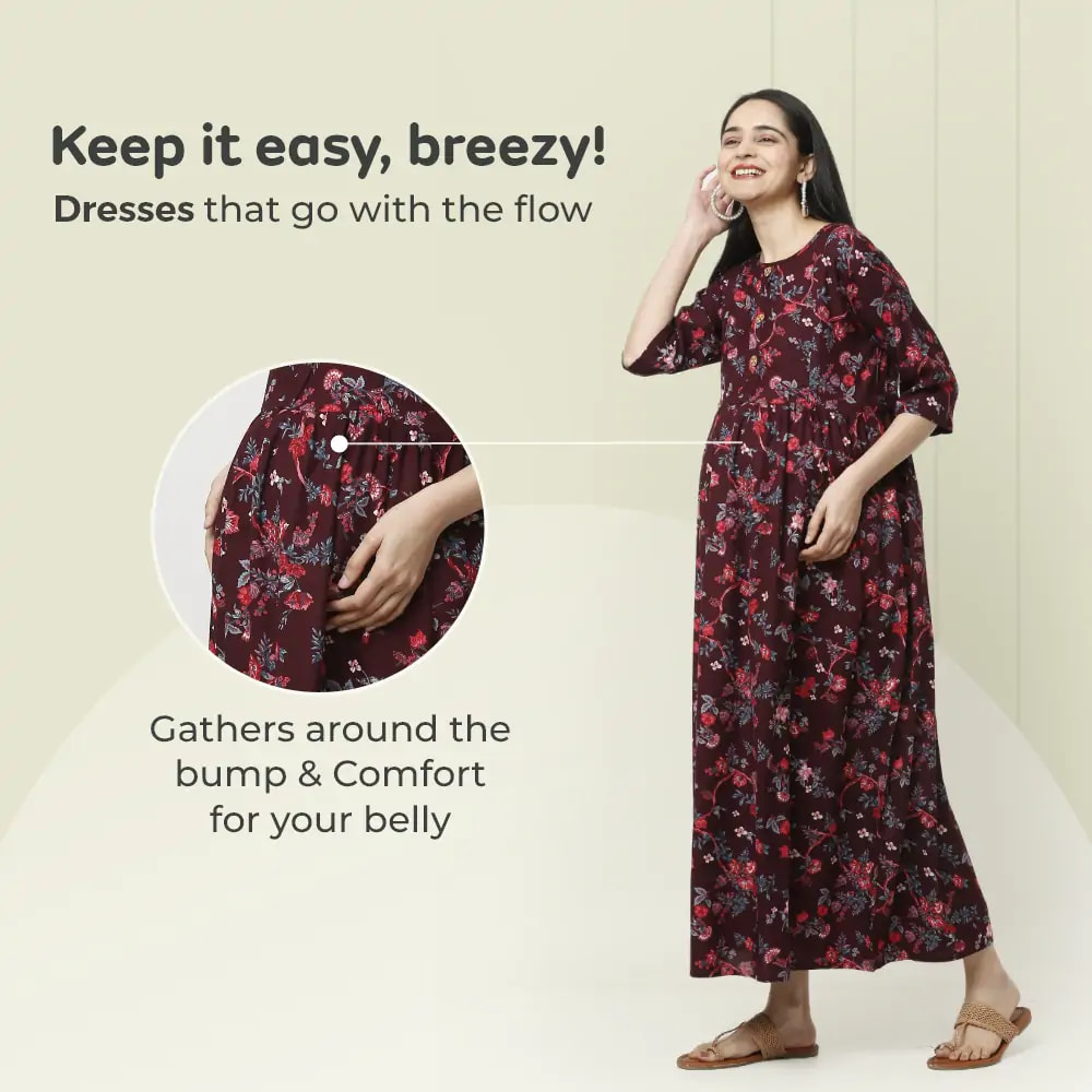 Pre & Post Maternity /Nursing Garden Flowers Maxi Dress with both sides Zipper for Easy Feeding - Wine-M 