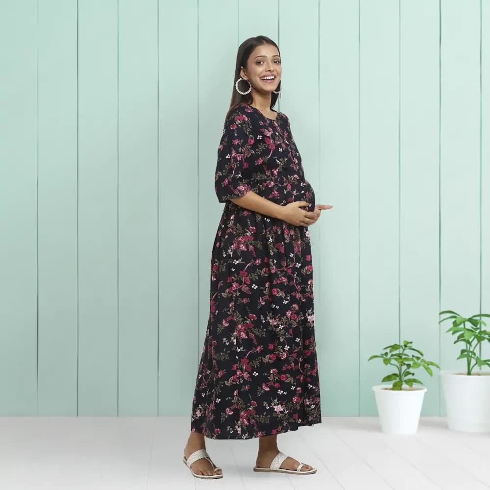 Pre & Post Maternity /Nursing Maxi Dress with both sides Zipper for Easy Feeding – Garden Flowers -Navy –M