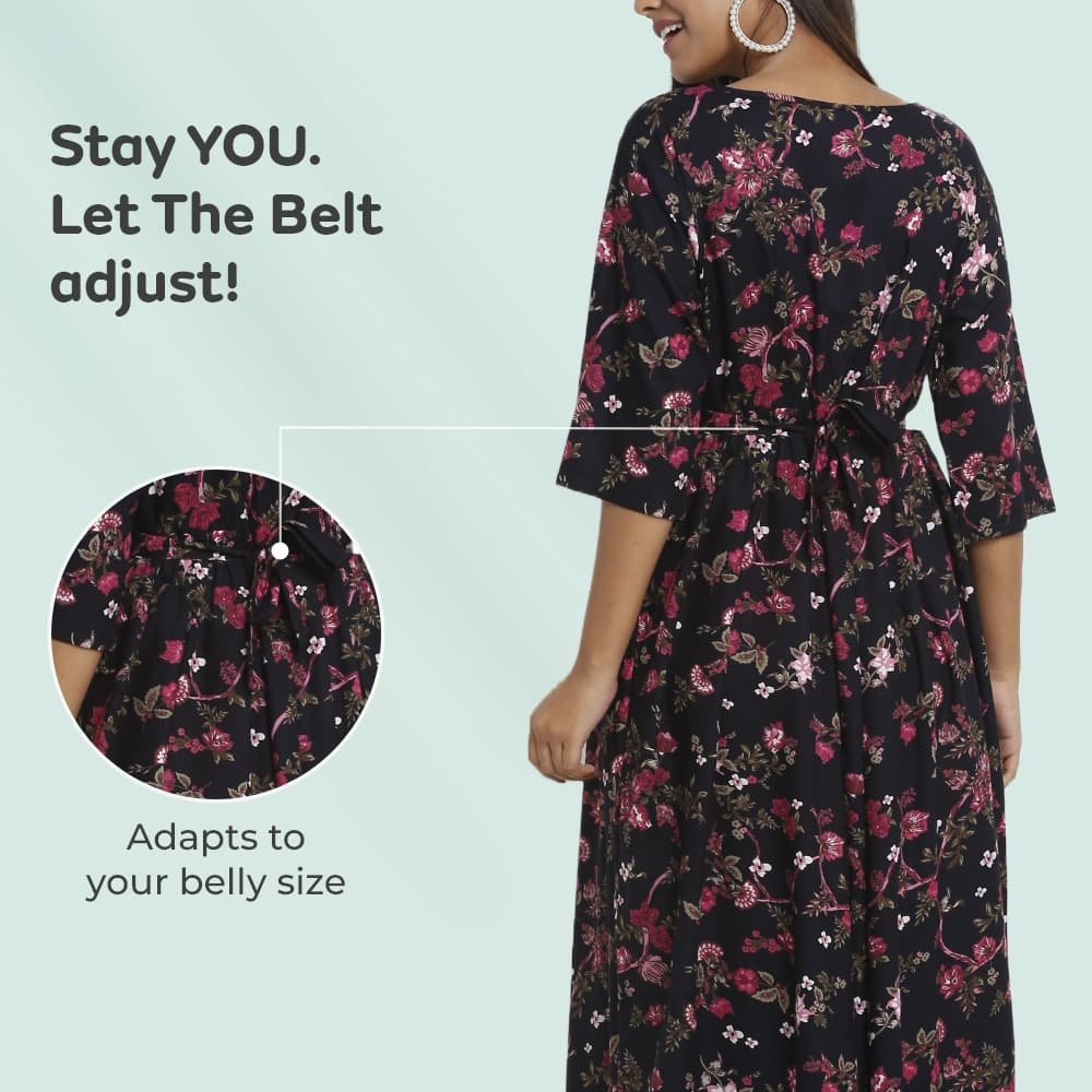 Pre & Post Maternity /Nursing Maxi Dress with both sides Zipper for Easy Feeding – Garden Flowers -Navy –XXL