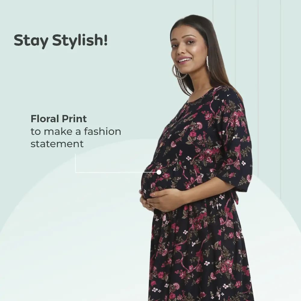 Pre & Post Maternity /Nursing Maxi Dress with both sides Zipper for Easy Feeding – Garden Flowers -Navy –M