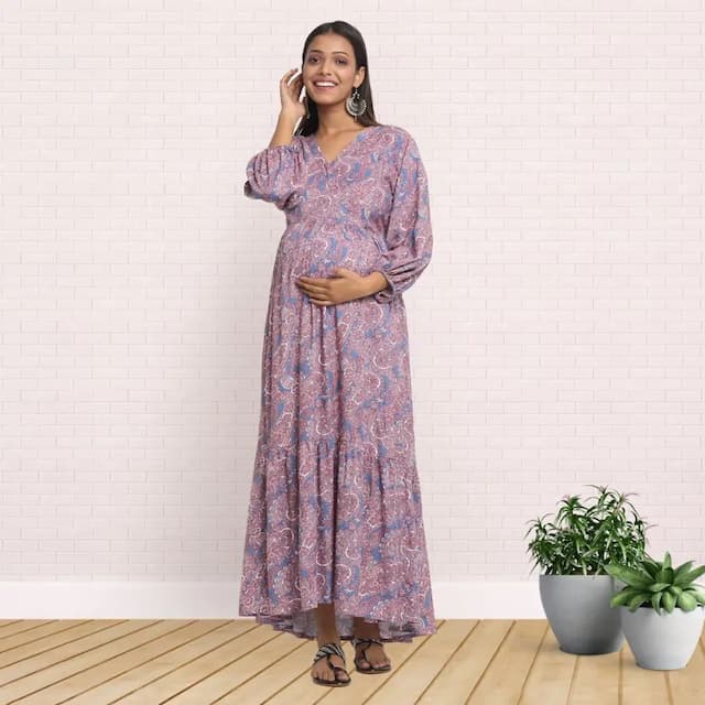 Pre & Post Maternity /Nursing Maxi Dress with both sides Zipper for Easy Feeding – Persian Paisley Blue–XL