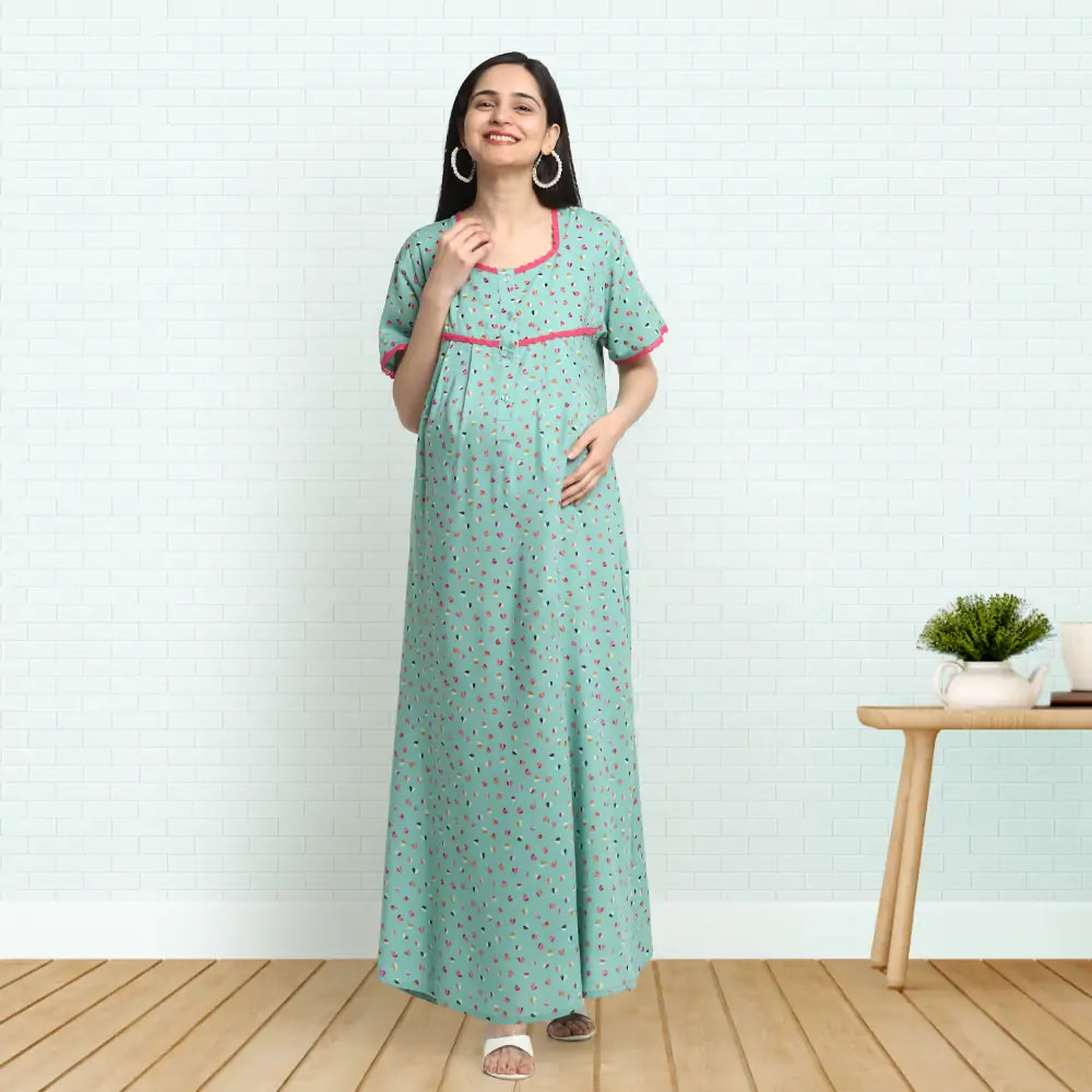 Pre & Post Maternity Maxi Length Nighty with Zipper at both sides for Easy Feeding - Little Hearts - Sea Green - L