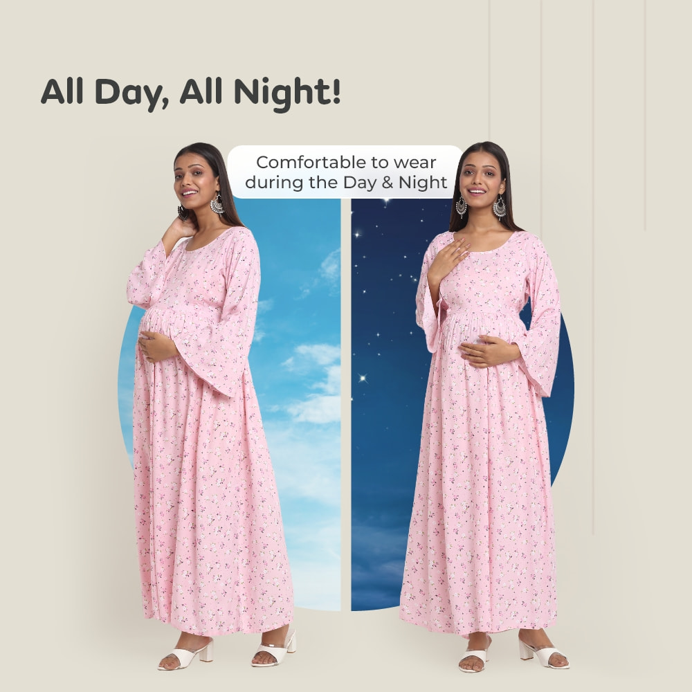 Pre & Post Maternity /Nursing Maxi Dress with both sides Zipper for Easy Feeding – Pink Ditsy Daisy –M 