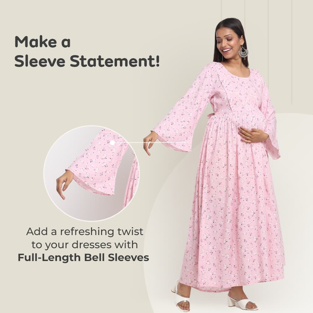 Pre & Post Maternity /Nursing Maxi Dress with both sides Zipper for Easy Feeding – Pink Ditsy Daisy –XL