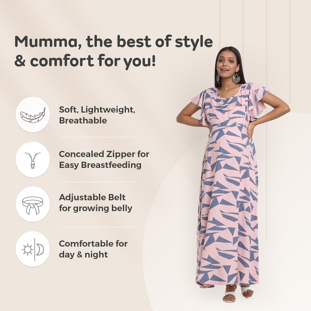 Pre & Post Maternity /Nursing Maxi Dress with both sides Zipper for Easy Feeding – Geometric Pink–XL