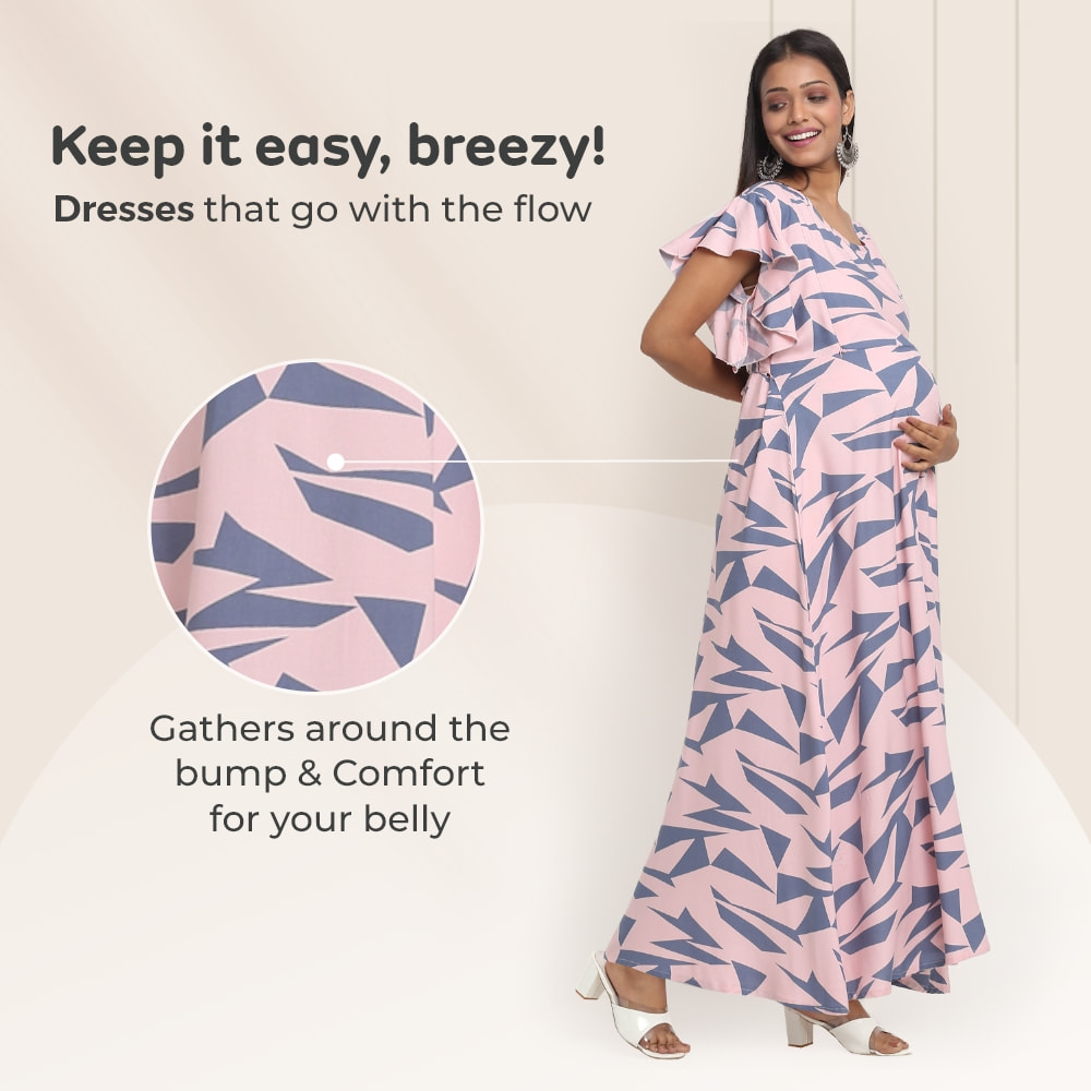 Pre & Post Maternity /Nursing Maxi Dress with both sides Zipper for Easy Feeding – Geometric Pink–XL