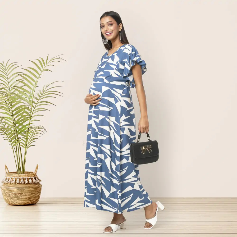 Pre & Post Maternity /Nursing Maxi Dress with both sides Zipper for Easy Feeding – Geometric Blue–L