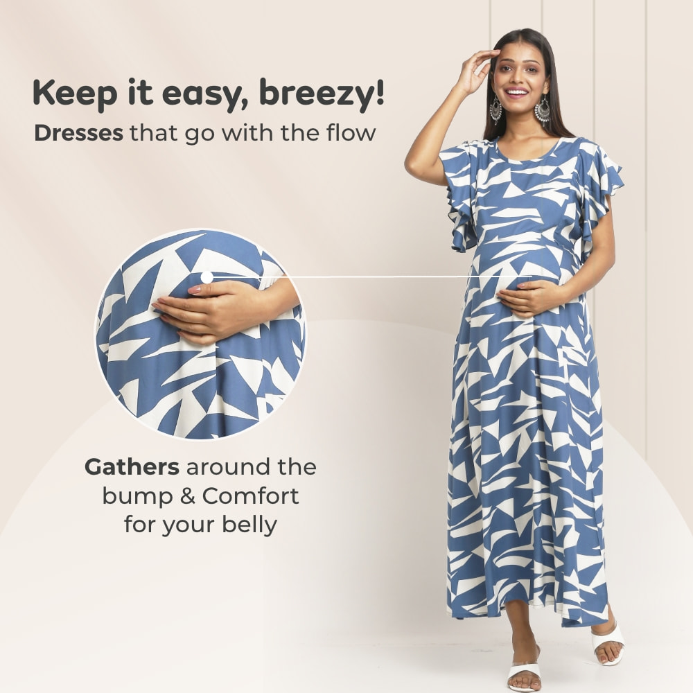 Pre & Post Maternity /Nursing Maxi Dress with both sides Zipper for Easy Feeding – Geometric Blue–L