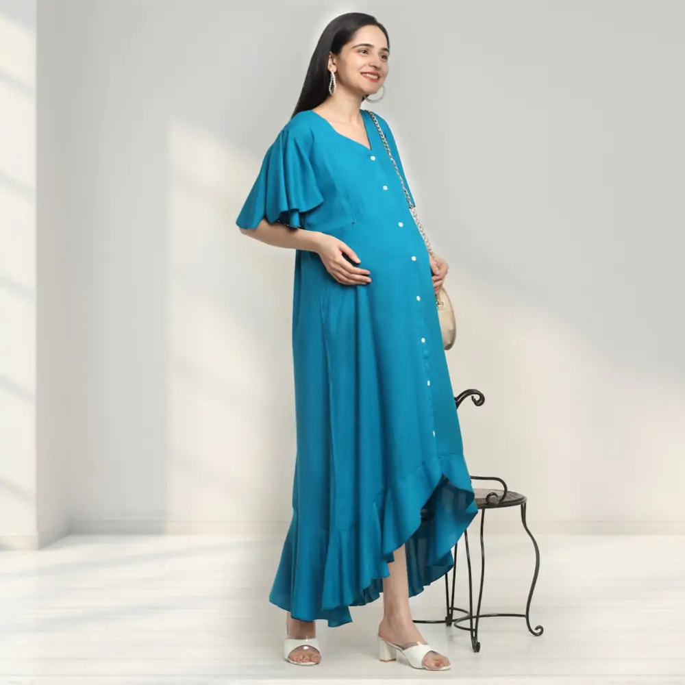 Pre & Post Maternity /Nursing, Asymmetrical Solid Maxi Dress with both sides Zipper for Easy Feeding - Hawaiian Blue-L