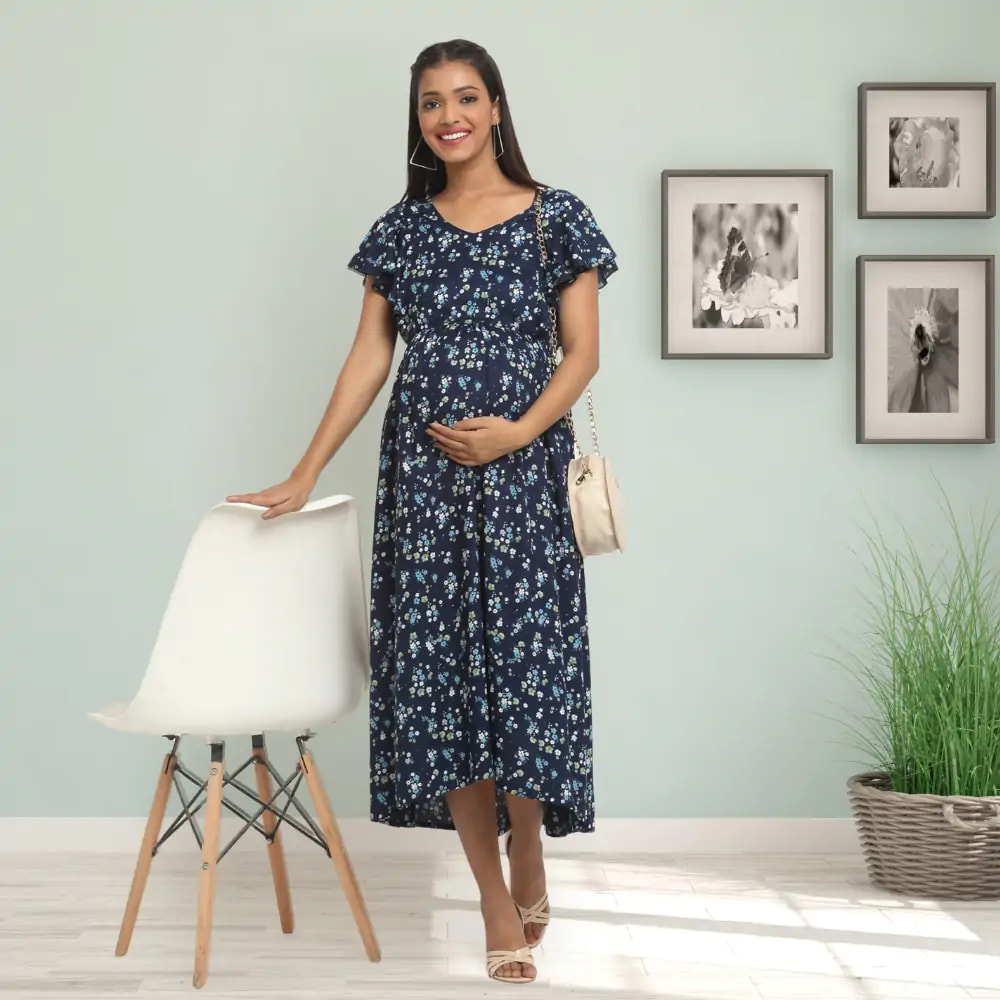 Pre & Post Maternity /Nursing Midi Dress with both sides Zipper for Easy Feeding – Floral - Navy - L