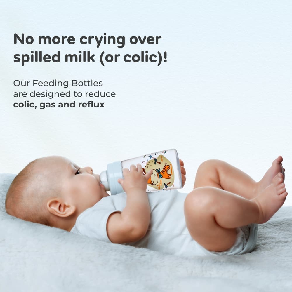 2-in-1 Baby Feeding Bottle – 125ml & 250 ml - BPA Free with Anti-Colic Nipple & Spoon-Pack of 2- (Lion & Giraffe)