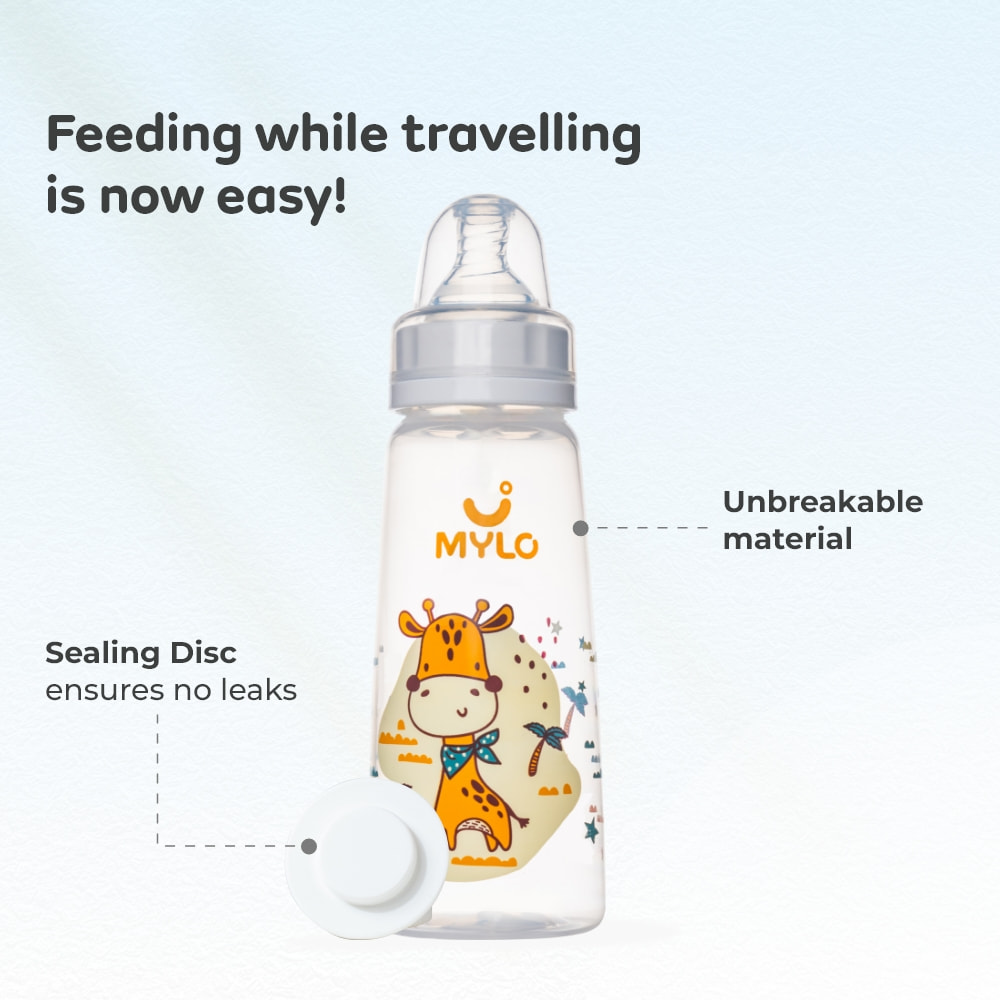 2-in-1 Baby Feeding Bottle – 125ml & 250 ml - BPA Free with Anti-Colic Nipple & Spoon-Pack of 2- (Lion & Giraffe)