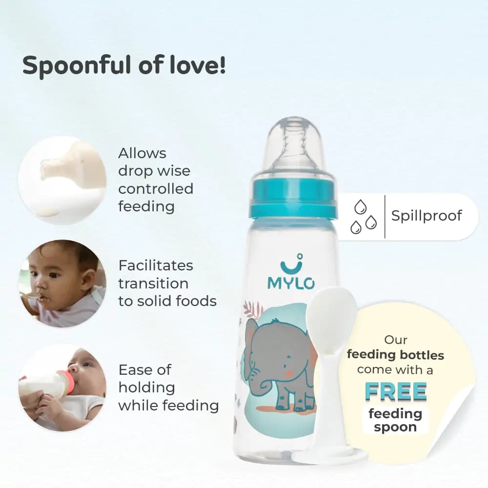2-in-1 Baby Feeding Bottle – 125ml & 250 ml - BPA Free with Anti-Colic Nipple & Spoon-Pack of 2 -(Pink & Elephant)