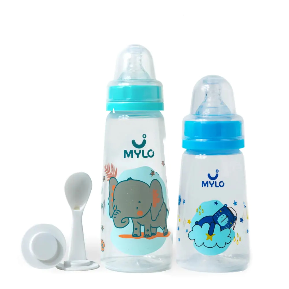 2-in-1 Baby Feeding Bottle – 125ml & 250ml - BPA Free with Anti-Colic Nipple & Spoon-Pack of 2 (Bear & Elephant)