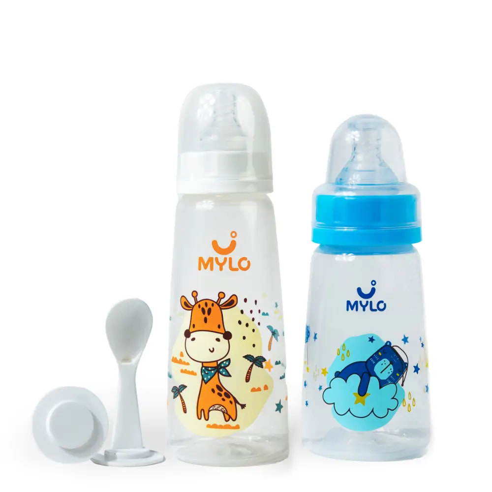 2-in-1 Baby Feeding Bottle – 125ml & 250 ml - BPA Free with Anti-Colic Nipple & Spoon-Pack of 2 - (Bear & Giraffe)