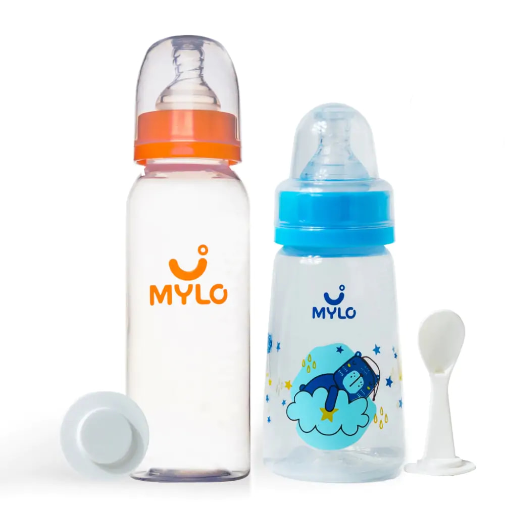 2-in-1 Baby Feeding Bottle – 125ml & 250ml - BPA Free with Anti-Colic Nipple & Spoon-Pack of 2 - (Bear & Zesty Orange)