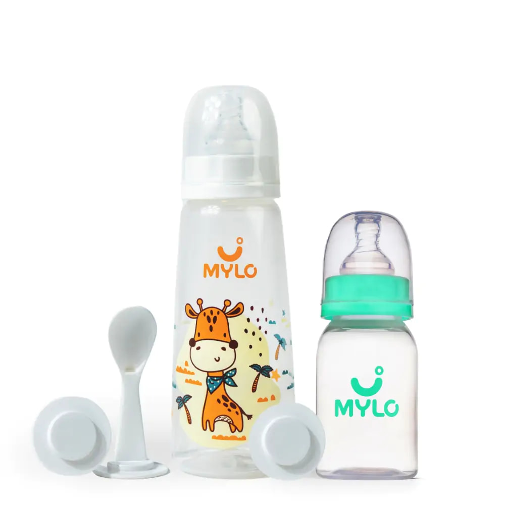 2-in-1 Baby Feeding Bottle – 125ml & 250 ml - BPA Free with Anti-Colic Nipple & Spoon-Pack of 2-(Sea green & Giraffe)