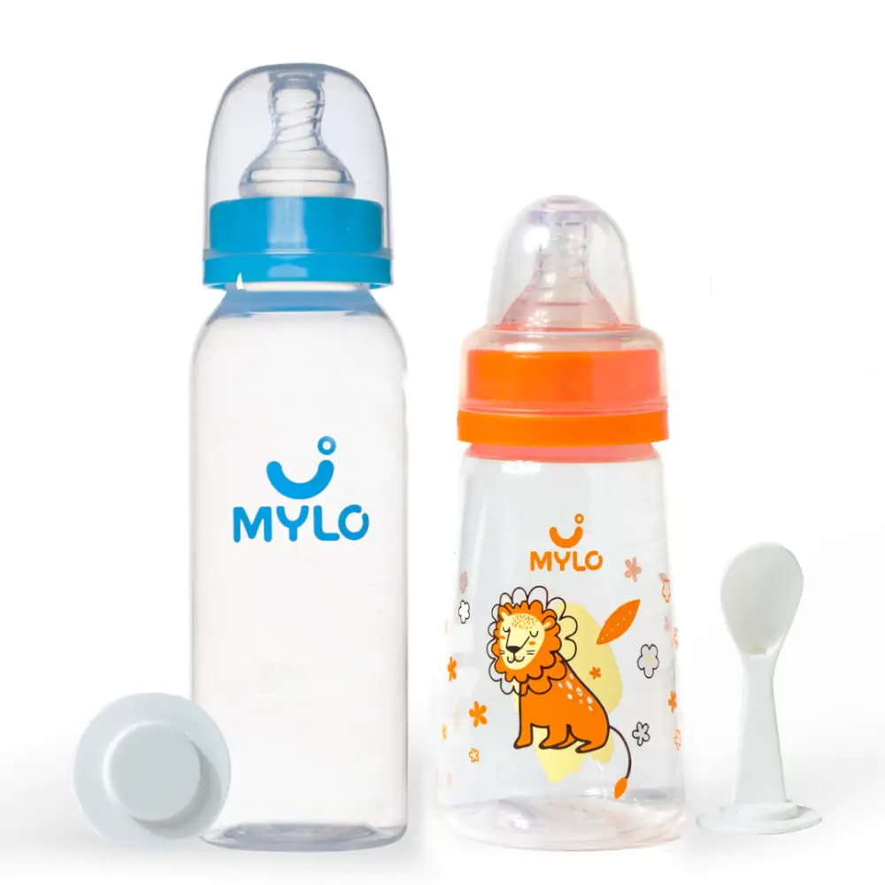 2-in-1 Baby Feeding Bottle – 125ml & 250 ml - BPA Free with Anti-Colic Nipple & Spoon-Pack of 2- (Lion & Sky Blue)