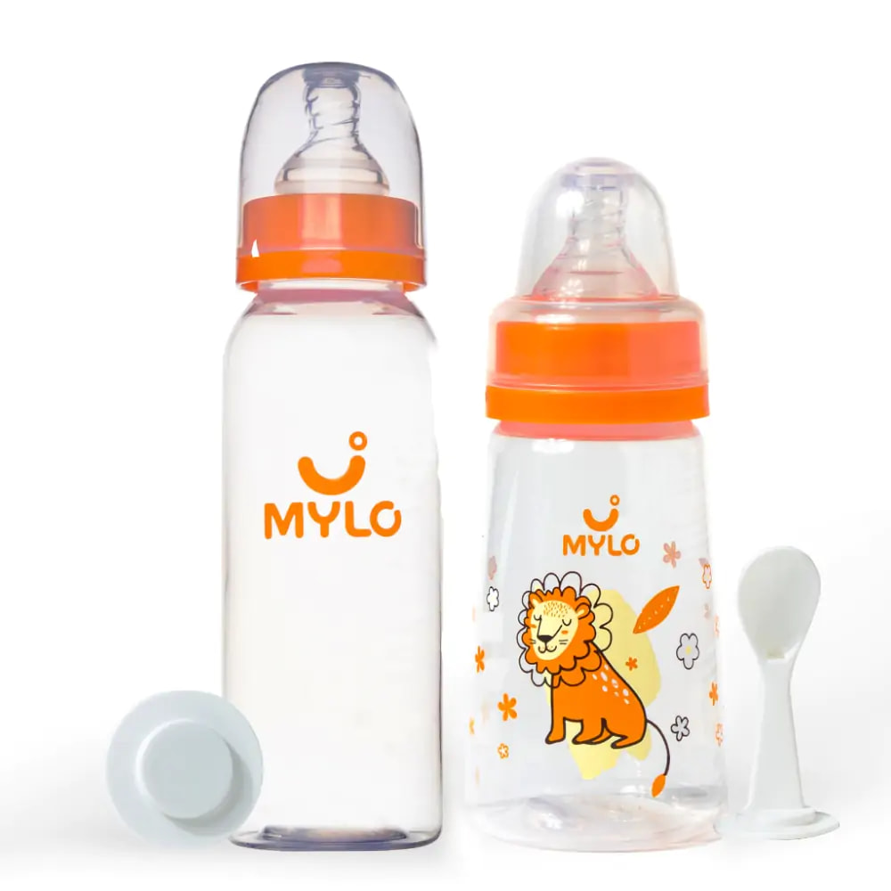 2-in-1 Baby Feeding Bottle – 125ml & 250 ml - BPA Free with Anti-Colic Nipple & Spoon-Pack of 2- ( Lion & Zesty Orange)