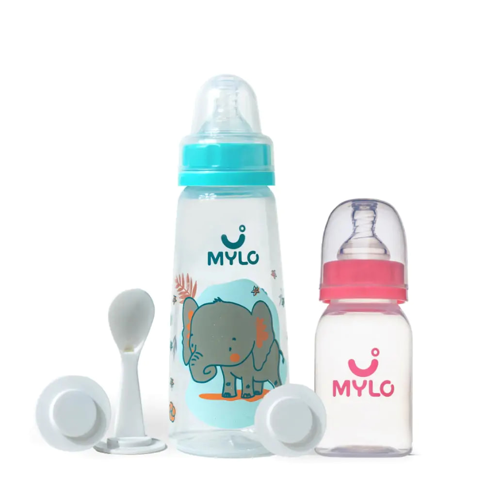 2-in-1 Baby Feeding Bottle – 125ml & 250 ml - BPA Free with Anti-Colic Nipple & Spoon-Pack of 2 -(Pink & Elephant)