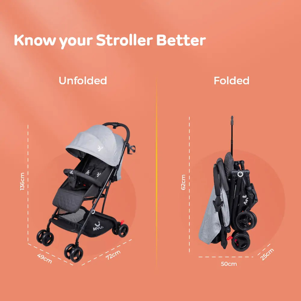 Riviera Ultra-Light Premium Stroller| Pram for Baby| 5 points Safety Harness, Compact Design, Easy to Carry, Easy to Fold| Multi position Reclining| ultra-light | New Born to 3 years | Black & Grey