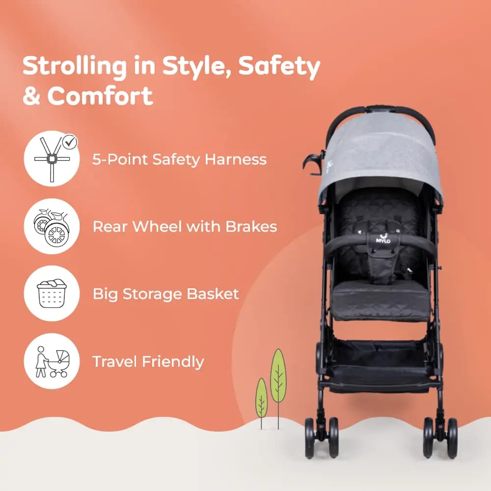 Riviera Ultra-Light Premium Stroller| Pram for Baby| 5 points Safety Harness, Compact Design, Easy to Carry, Easy to Fold| Multi position Reclining| ultra-light | New Born to 3 years | Black & Grey