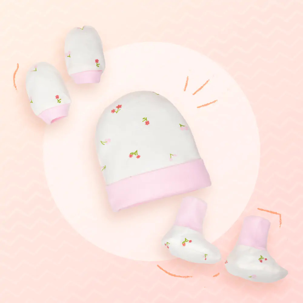 100% Cotton Cap, Mittens, & Booties Set for New Born Baby (0-6 Months) -Air Pals