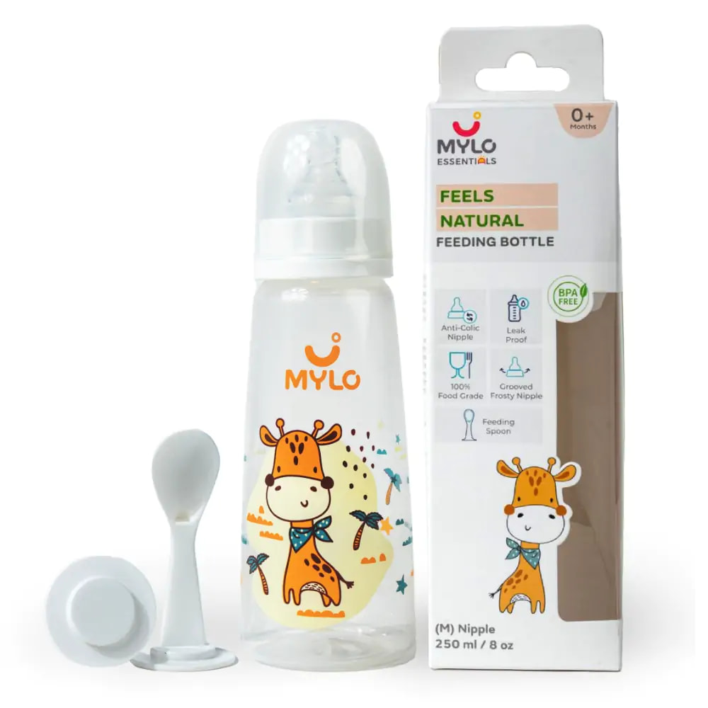 2-in-1 Baby Feeding Bottle – 125ml & 250ml - BPA Free with Anti-Colic Nipple & Spoon-Pack of 2 - (Pink & Giraffe)