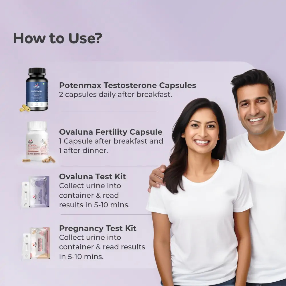 Complete Family Planning Super Saver Combo for Couples - Potenmax Testosterone Booster Capsules + Ovaluna Female Fertility Capsules & Ovulation Test Kits + Pack of 5 Pregnancy Test Kits 