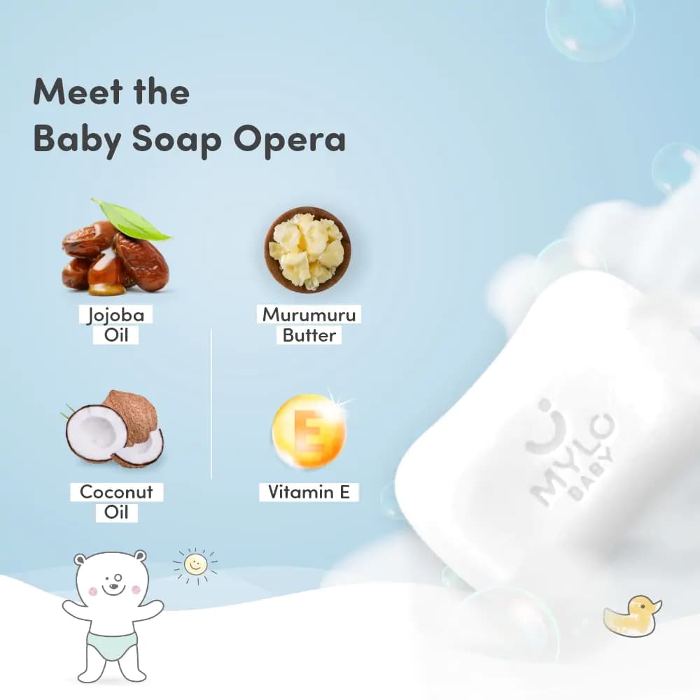 Mylo Baby Soap 75g - For 0-3 years with Vitamin E, Murumuru Butter, Jojoba Oil & Coconut Oil  - Pack of 3