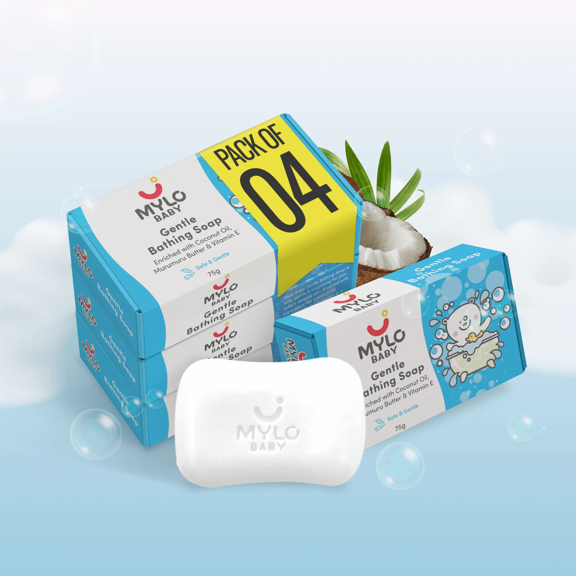 Mylo Baby Soap 75g - For 0-3 years with Vitamin E, Murumuru Butter, Jojoba Oil & Coconut Oil  - Pack of 4