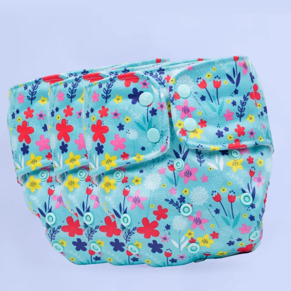 Free Size Washable & Reusable Cloth Diaper With 3 Dry Feel Absorbent Insert Pad (3M-3Y) Floral Spring Print-Pack of 3 + Coconut Oil & Neem Wipes - Pack of 1