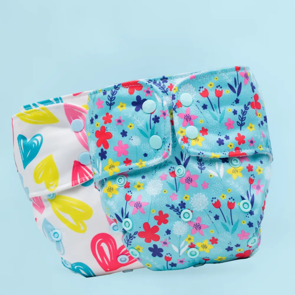 Adjustable Washable & Reusable Cloth Diaper With Dry Feel, Absorbent Insert Pad (3M-3Y) - Floral Spring & Heart Doodles - Pack of 2