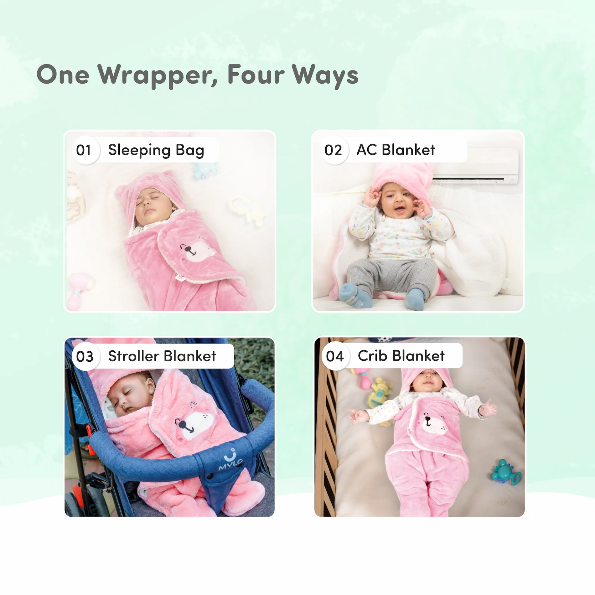 4-in-1 All Season Baby Swaddle-Wrapper For New Born Baby (0-6 months) - Mint Green