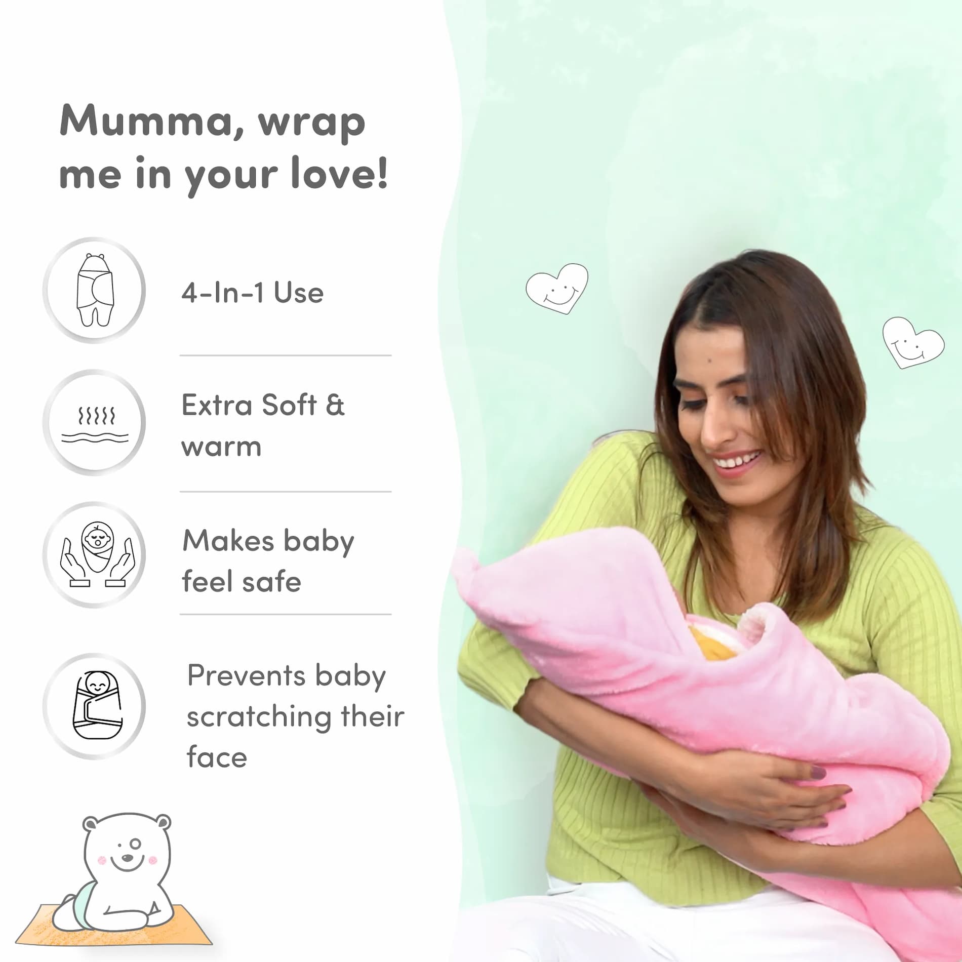 4-in-1 All Season Baby Swaddle-Wrapper For New Born Baby (0-6 months) - Mint Green & Light Brown - pack of 2