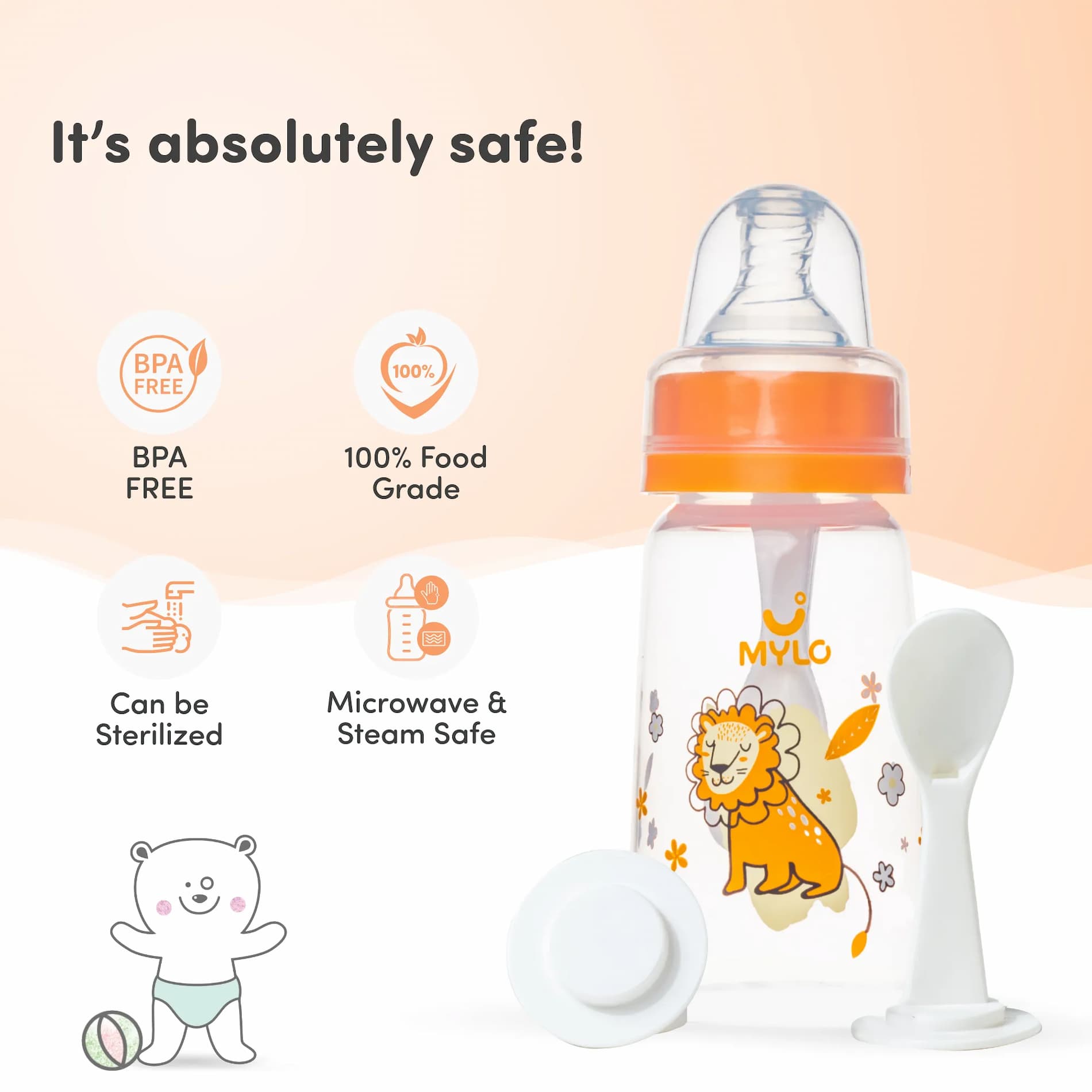 2-in-1 Baby Feeding Bottle – 125ml - BPA Free with Anti-Colic Nipple & Spoon (Lion)