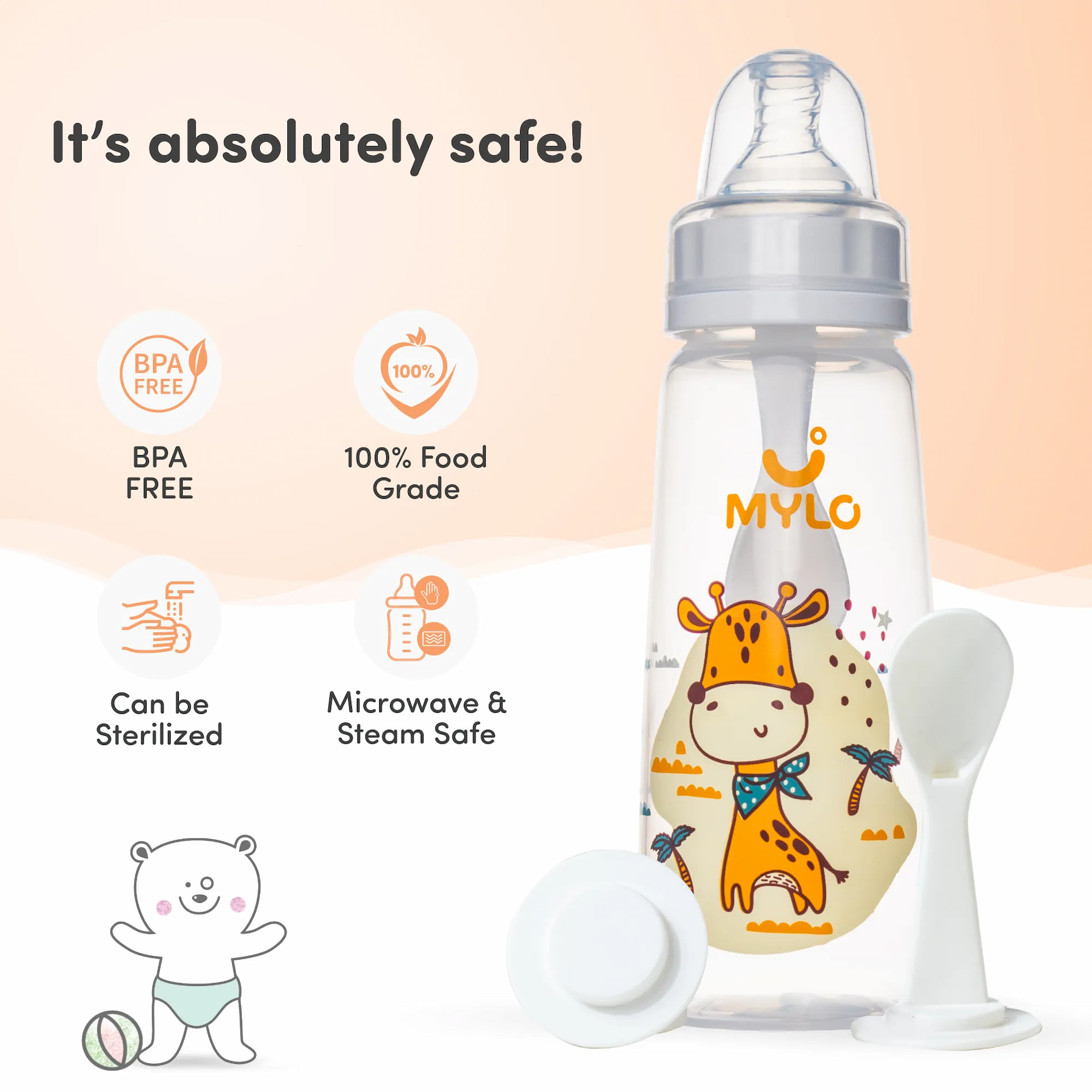 2-in-1 Baby Feeding Bottle – 250ml - BPA Free with Anti-Colic Nipple & Spoon (Giraffe)
