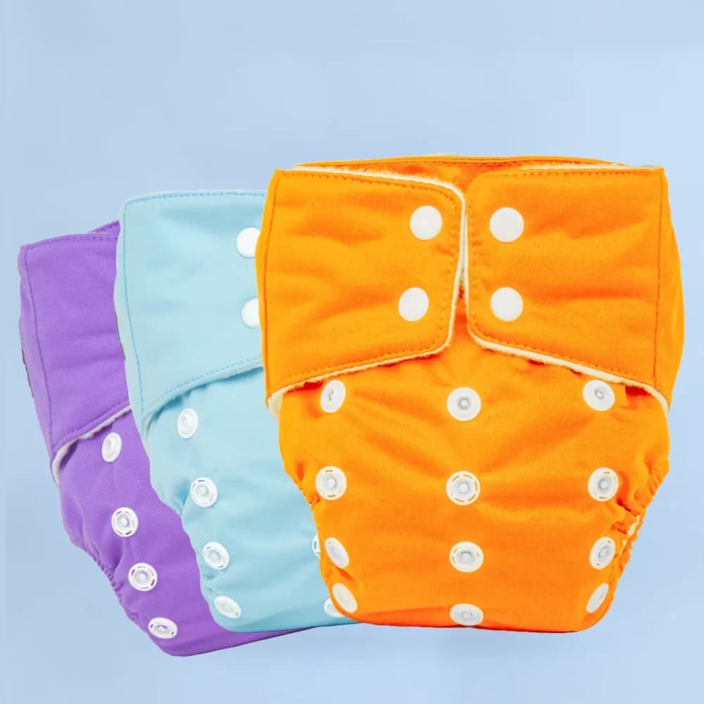 Adjustable Washable & Reusable Cloth Diaper With Dry Feel, Absorbent Insert Pad- Blue, Orange & Purple - Pack of 3