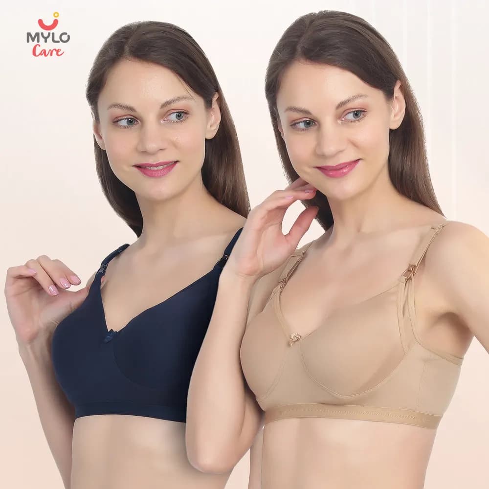 Maternity/Nursing Moulded Spacer Cup Bra Pack of 2 with free bra extender -(Navy, Skin) 34B   