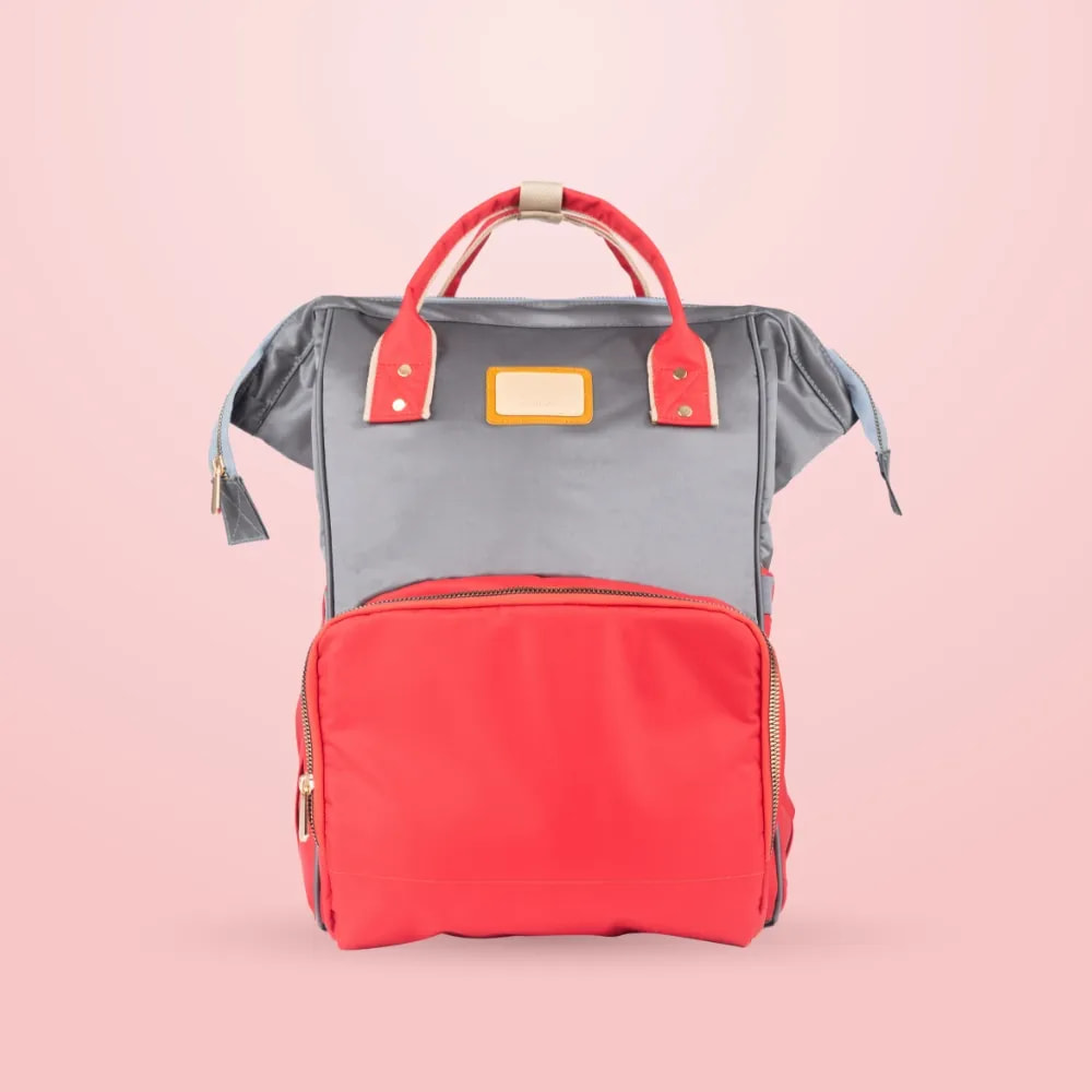Multifunctional Diaper Bag –10 Pocket Stylish Water-Resistant Diaper Backpack with Free Diaper Pouch - Grey & Red