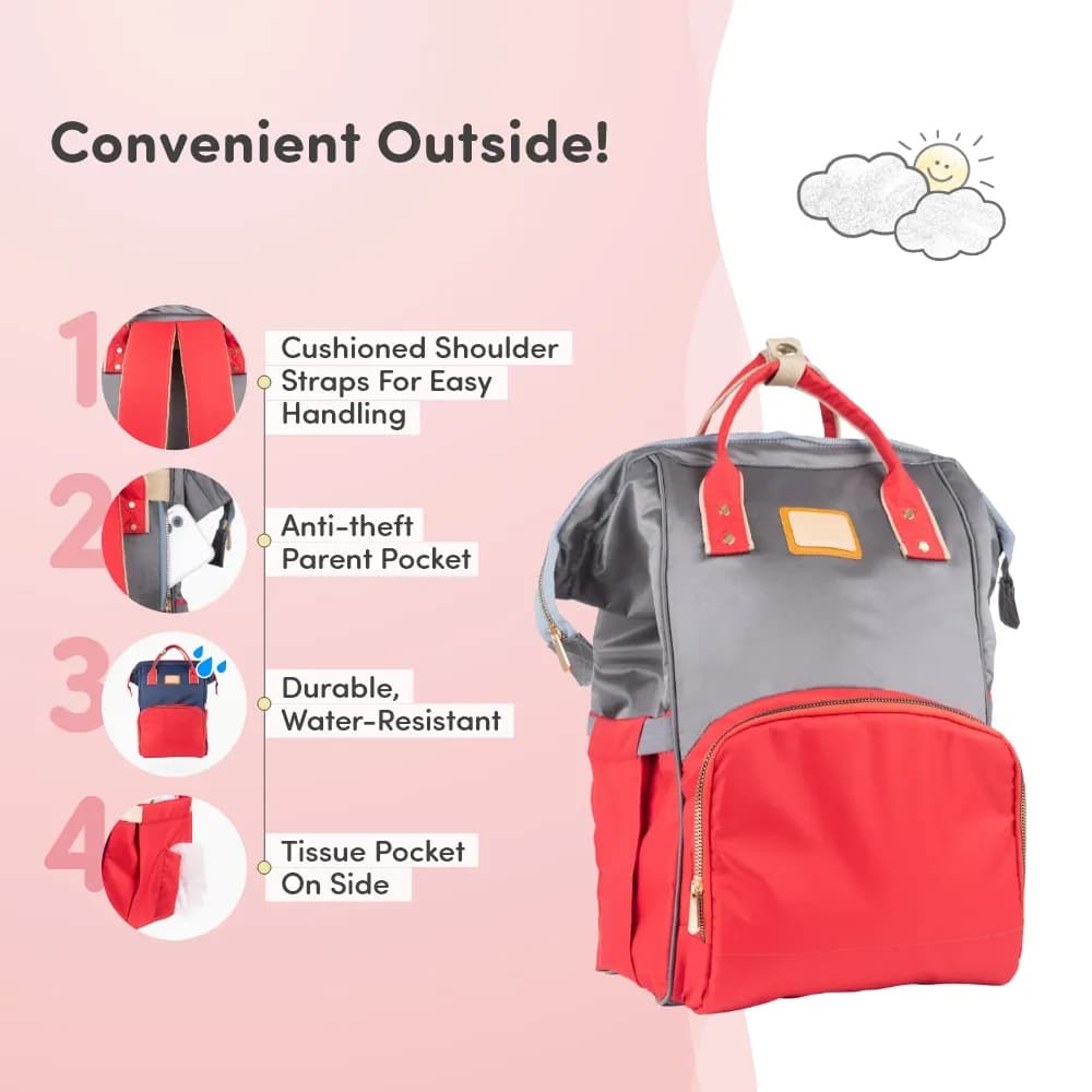 Multifunctional Diaper Bag –10 Pocket Stylish Water-Resistant Diaper Backpack with Free Diaper Pouch - Grey & Red