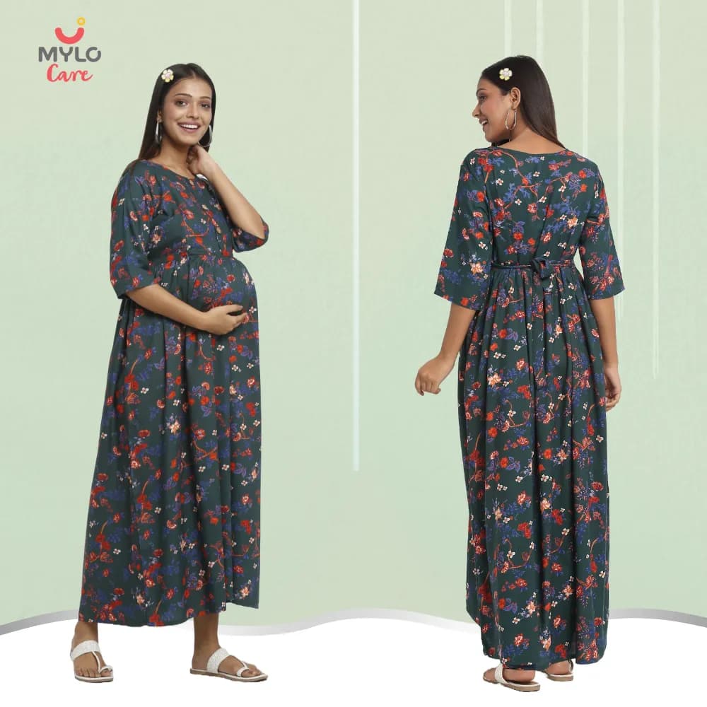 Pre & Post Maternity /Nursing Maxi Dress with both sides Zipper for Easy Feeding – Garden Flowers -Teal –XL