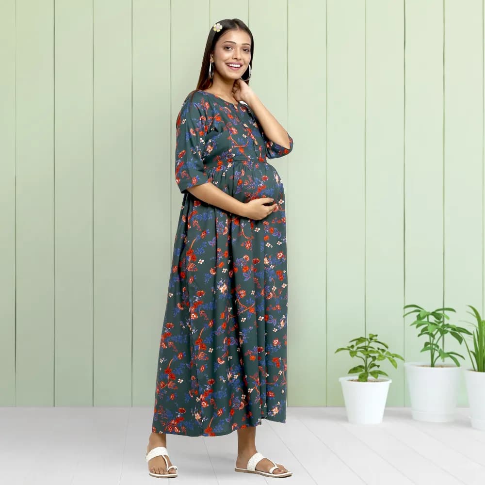 Pre & Post Maternity /Nursing Garden Flowers Maxi Dress with both sides Zipper for Easy Feeding - Teal-XXL