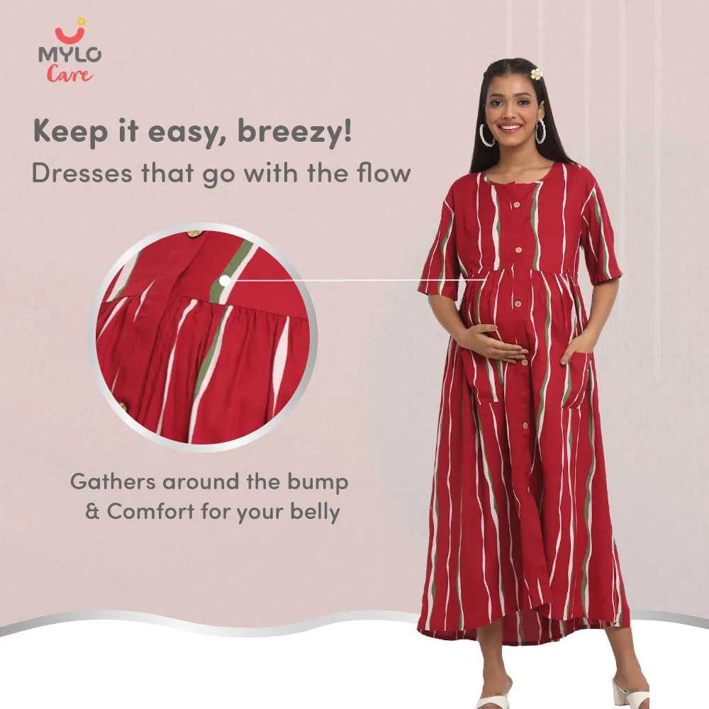 Pre & Post Maternity /Nursing Midi Dress with both sides Zipper for Easy Feeding - Stripes - Red - XL