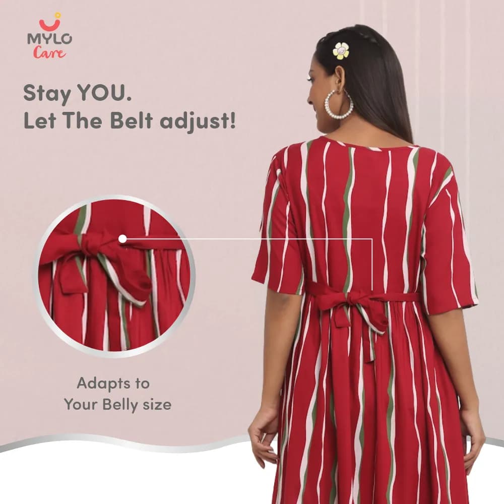 Pre & Post Maternity /Nursing Midi Dress with both sides Zipper for Easy Feeding - Stripes - Red - XL