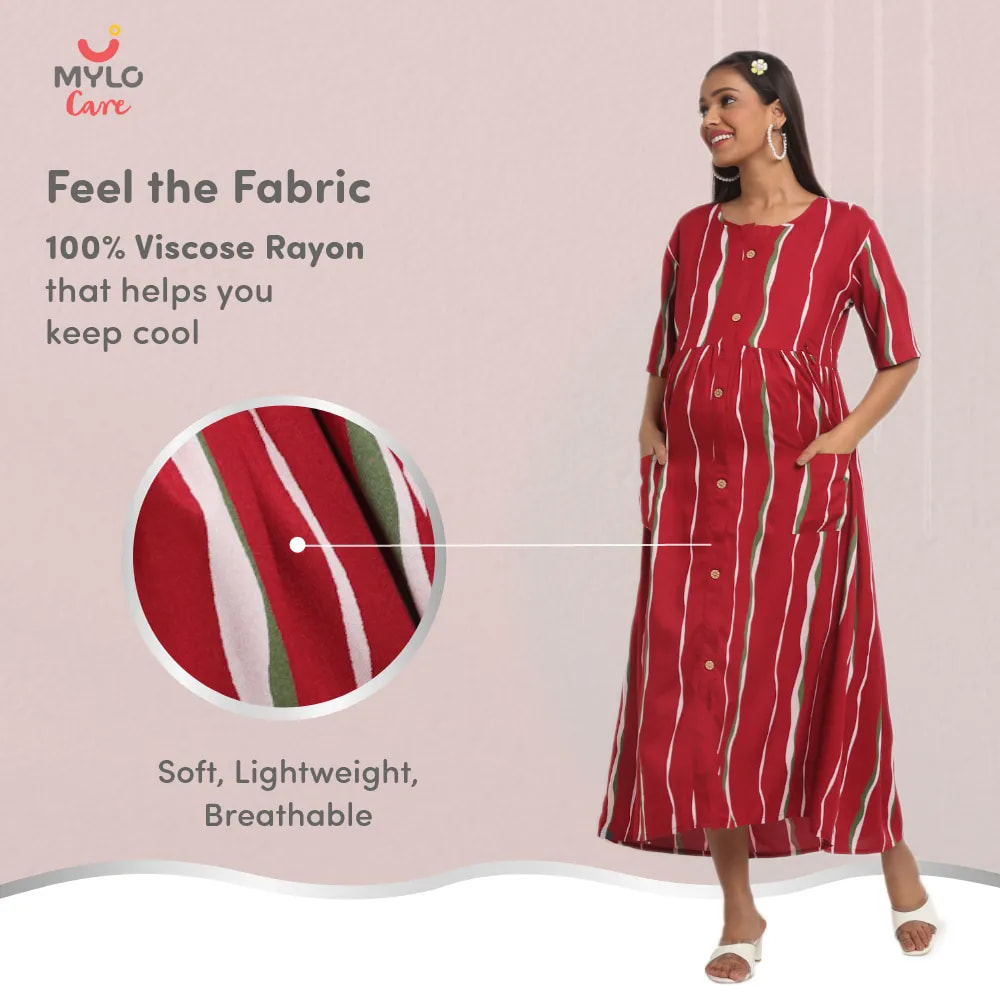 Pre & Post Maternity /Nursing Midi Dress with both sides Zipper for Easy Feeding - Stripes - Red - XXL