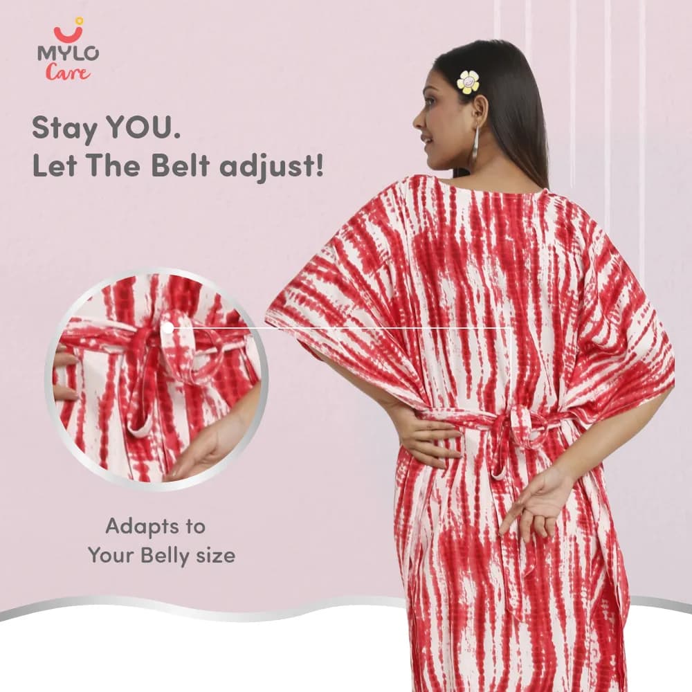 Pre & Post Maternity /Nursing Kaftan Maxi Dress cum Nighty with Zipper for Easy Feeding – Shibori Print -Fuchsia–XXL 