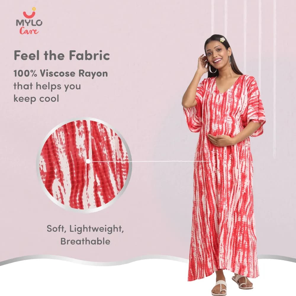 Pre & Post Maternity /Nursing Kaftan Maxi Dress cum Nighty with Zipper for Easy Feeding – Shibori Print -Fuchsia–XXL 